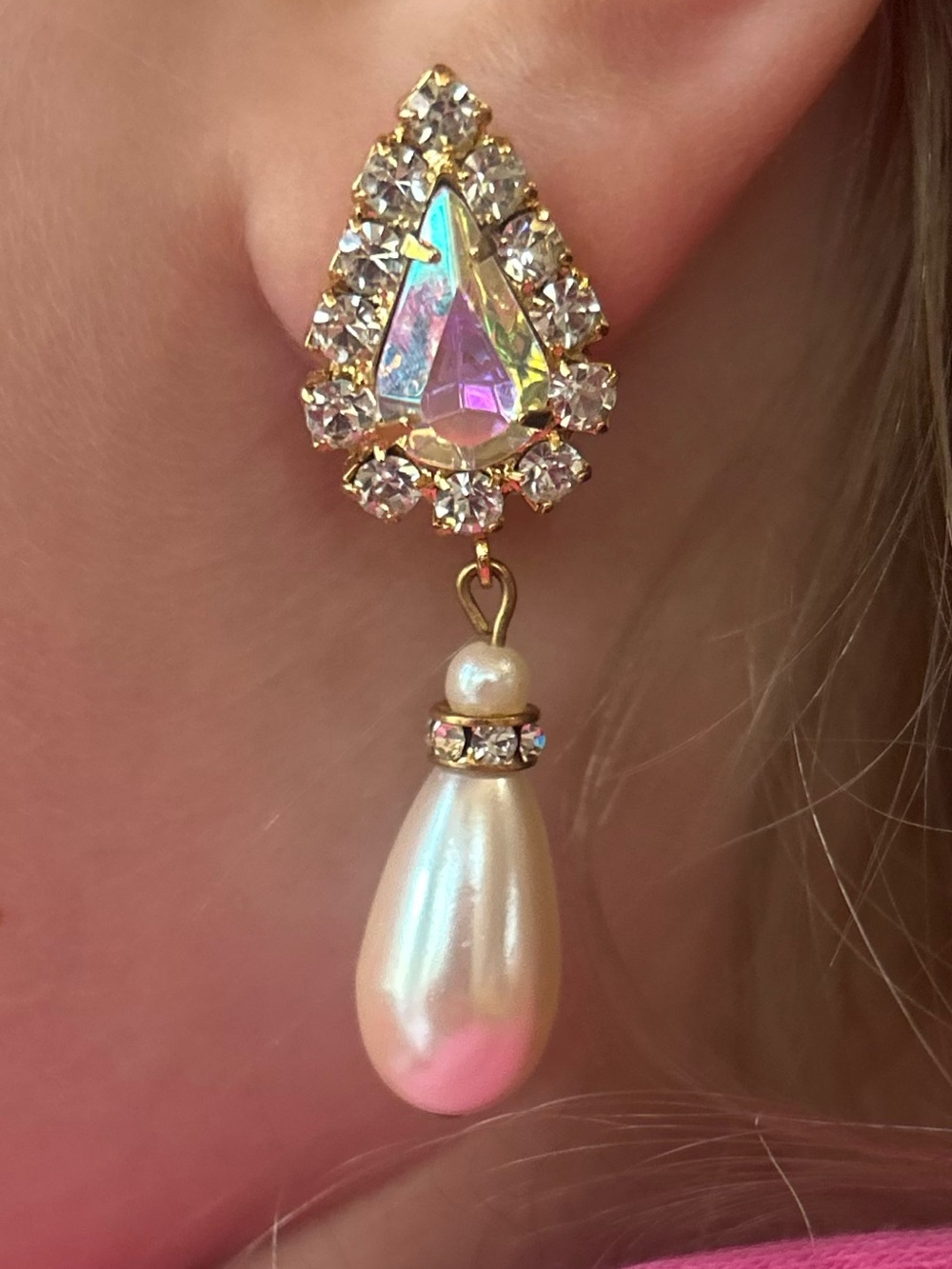 🐕3/20 Vintage Aurora Crystal Pearl Drop Clip-On Earrings